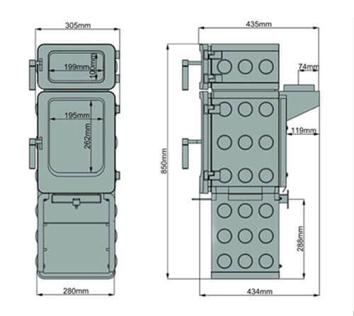 Load image into Gallery viewer, Ekol Baked Apple Pie Stack Wood Burning Ecodesign Stove dimension chart