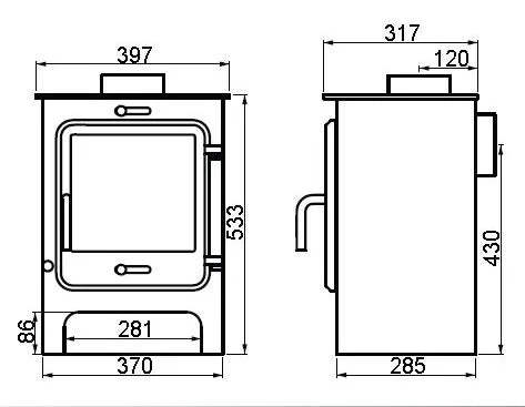 Ekol Clarity Wood Burning / Multifuel Stove dimensions
