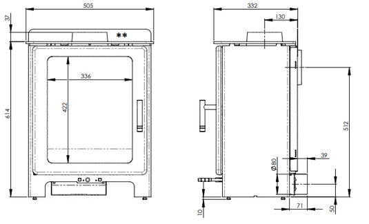 Mendip Loxton 5 Dual Control Wood Burning / Multifuel Ecodesign Stove dimensions