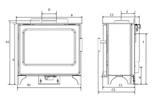 Mendip Ashcott Wide Wood Burning Ecodesign Stove dimensions
