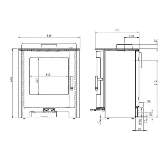 Mendip Churchill 5 Dual Control Wood Burning / Multifuel Ecodesign Convection Stove dimensions