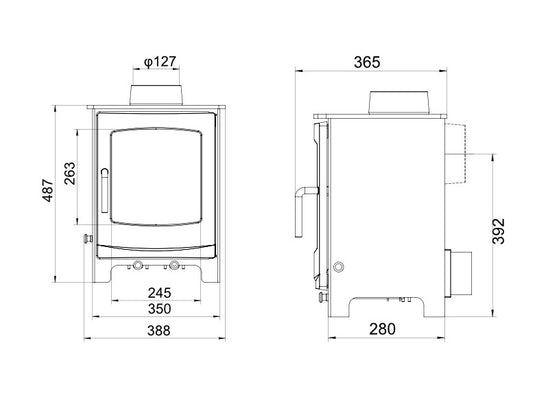 Woodford Turing 5 Multifuel Wood Burning Stove dimensions chart