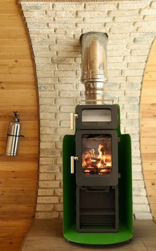 Ekol Baked Apple Pie Stack Wood Burning Ecodesign Stove installed in a glamping pod