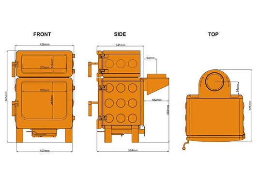 Ekol Baked Pumpkin Pie Multifuel Ecodesign Stove dimensions chart