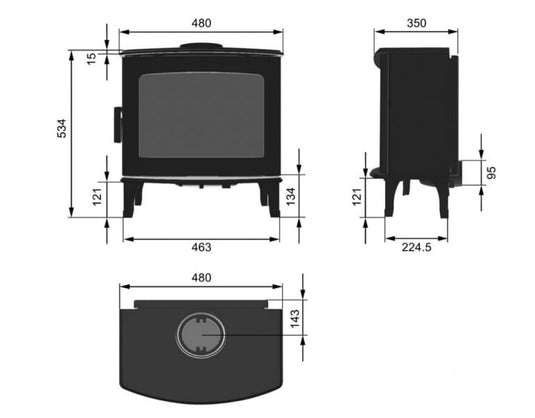Carron 5Kw Red Enamel Wood Burning Ecodesign Stove dimensions chart
