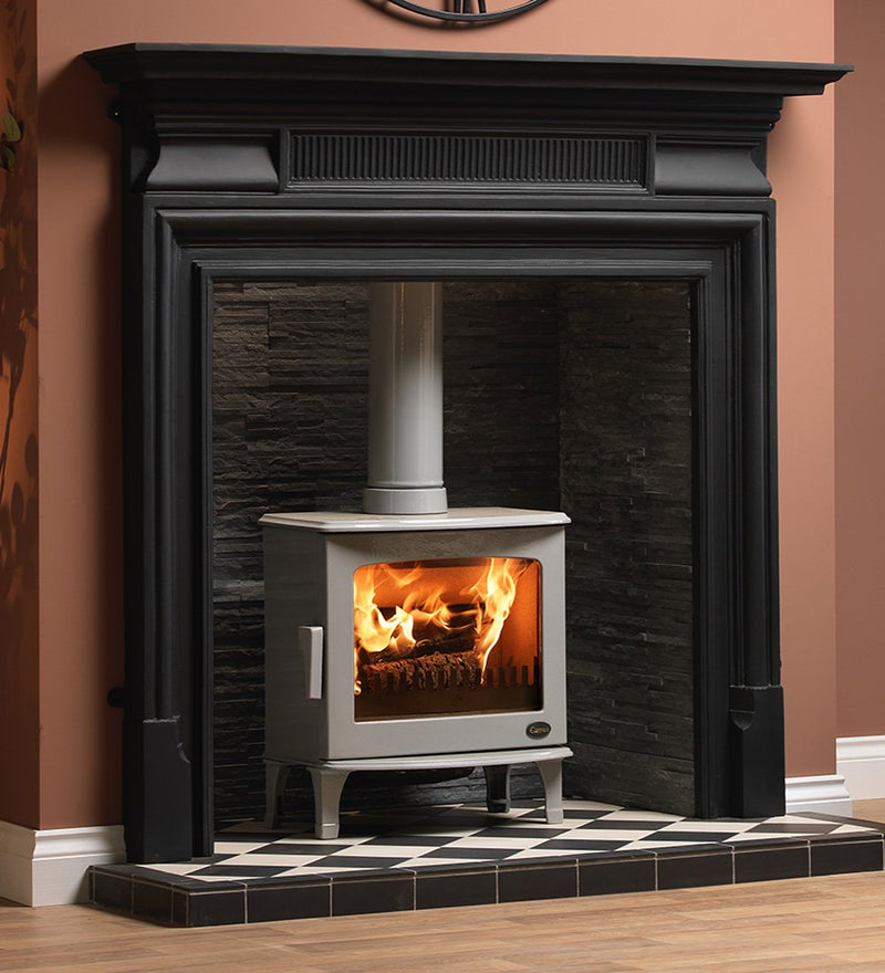 Load image into Gallery viewer, Carron 5Kw Ash Grey Enamel Wood Burning Ecodesign Stove installed in the living room
