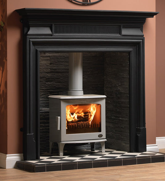 Carron 5Kw Ash Grey Enamel Wood Burning Ecodesign Stove installed in the living room