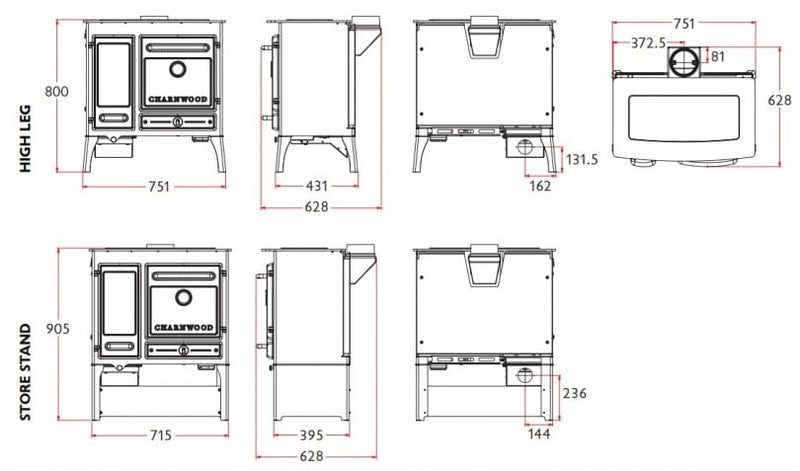 Load image into Gallery viewer, Charnwood Haven Wood Burning Ecodesign Range Cooker dimension chart
