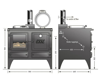Esse Ironheart Wood Burning Ecodesign Range Cooker dimensions chart