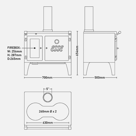 Esse Lightheart Wood Burning Ecodesign Range Cooker dimension chart