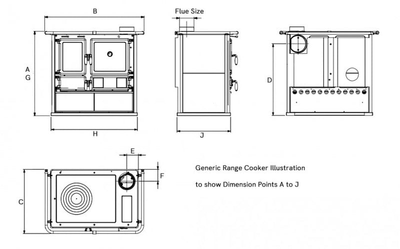 Load image into Gallery viewer, La Nordica Rosetta 5.0 Wood Burning Range Cooker dimension chart
